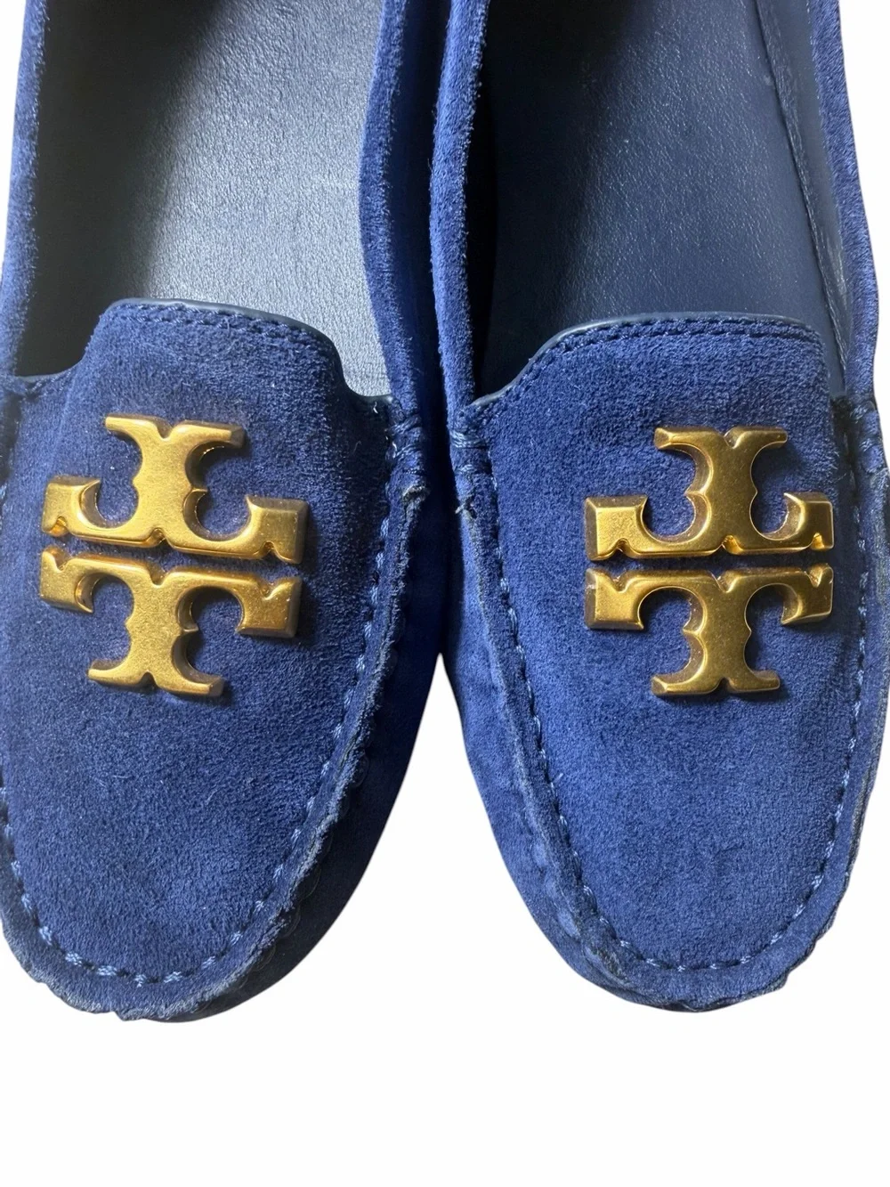 Tory Burch Everly driver loafers royal navy suede, emblem brass logo NEW size 7